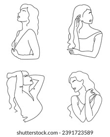 Conjunto de Resumen de la mínima figura femenina. Ilustración vectorial del cuerpo femenino en un estilo lineal de moda. Retrato mínimo de mujer. Arte elegante. Para afiches, tatuajes, logos. Aislado sobre blanco