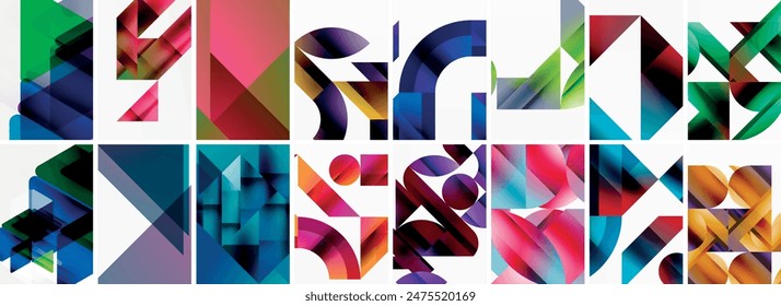 Set von abstrakten minimalen geometrischen Hintergründen mit Linien, Kreisen und Dreiecken. Vektorillustration für Bildschirmhintergrund, Banner, Hintergrund, Karte, Buchabbildung, Zielseite