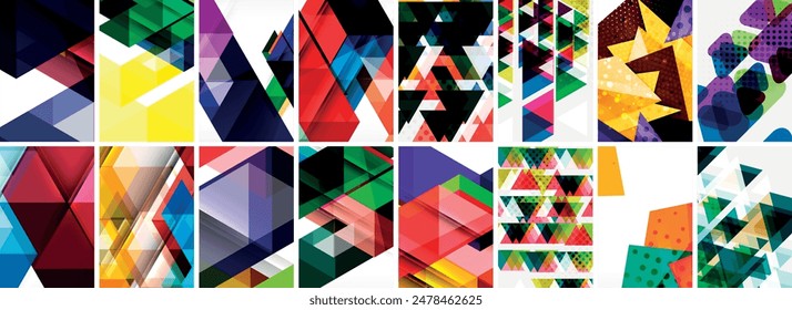 Conjunto de fondos geométricos abstractos mínimos con líneas, círculos y triángulos. Ilustración vectorial Para Fondo de pantalla, Anuncio, Fondo, Tarjeta, Ilustración de libro, página de destino