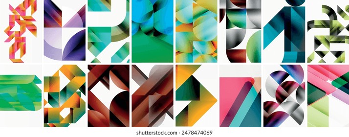 Conjunto de fondos geométricos abstractos mínimos con líneas, círculos y triángulos. Ilustración vectorial Para Fondo de pantalla, Anuncio, Fondo, Tarjeta, Ilustración de libro, página de destino