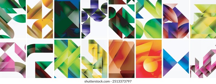 Conjunto de planos de fundo geométricos mínimos abstratos com linhas, círculos e triângulos. Ilustração vetorial para papel de parede, banner, plano de fundo, cartão, ilustração de livro, página inicial