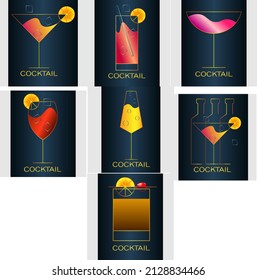 set of abstract minimal logo of cocktail glasses on a dark background