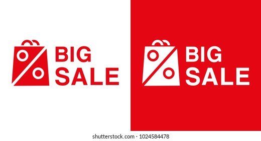 Set abstract minimal logo icon red craft packet for shopping. Package with icon discount and text Big sale. Modern vector style, graphic design for business store company.