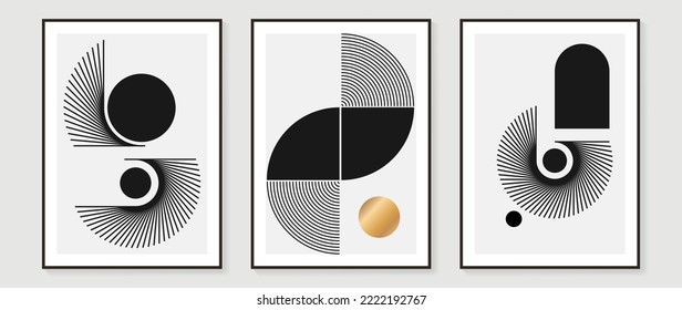 Set of abstract minimal and natural wall arts vector collection. Black, white and gold organic shape, curve lines. Art design for wall decor, poster, print, cover, wallpaper. Vector illustration.