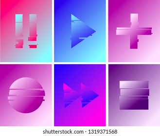 Set of abstract minimal Play, pause, record, play buttons. template design for branding, advertising, retro, Duotone. holographic in geometric glitch style. Vector illustration 
