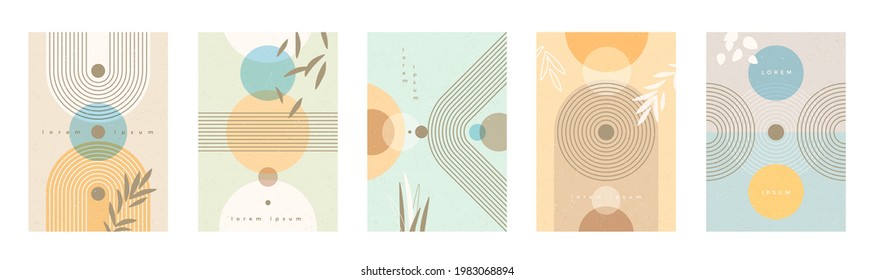 Set of abstract minimal poster with lines and geometric shapes. Can be used for poster, postcard, flyer, wall decoration. Vector illustration.