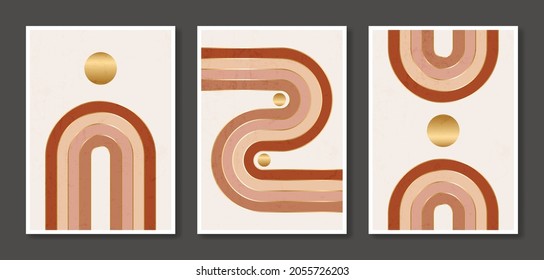 Set of abstract minimal posters. Modern trendy mid century style. Pastel colors. Earth tones. Geometric shapes. Simple design for wallpaper, wall decor, postcard, print. Vector illustration. 