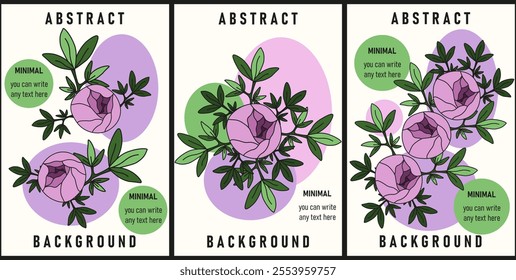 Set Abstract Minimal style Floral poster covers template design. Collection Summer Flowers greeting card with pink Hand Drawn peony. Vector illustration can used women's day and mother's day postcard.