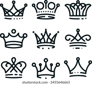 Conjunto de iconos de corona de línea fina abstracta mínima con trazos editables. Cada icono cuenta con un diseño elegante y moderno que se centra en la simplicidad y la elegancia