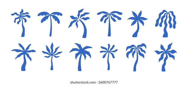 Set of abstract minimal vector naive palm trees. Tropical hand drawn illustrations
