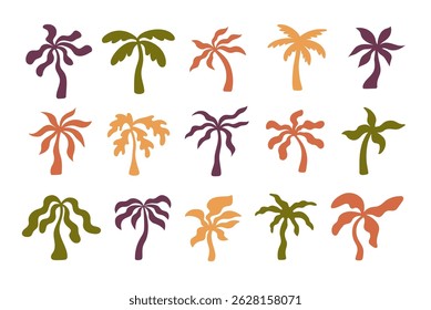 Set of abstract minimal vector naive palm trees. Tropical hand drawn illustrations
