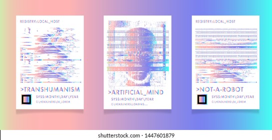 Set of abstract minimal vector posters. Collection of glitch art retrofuturistic covers for programming and coding events. Cyberpunk/ vaporwave/ retrowave style design template.