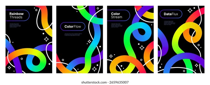 Set of abstract minimal wavy and fluid background with liquid gradient lines. Colorful dynamic shapes for digital design.