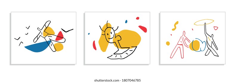 Set of Abstract Minimalism Vectors art with primary color shapes and people For print, decoration Painting, Modern and trendy illustration. Hand drawn with Bauhaus and Mondrian color's.