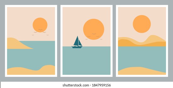 Set of abstract minimalist aesthetic posters backgrounds with sea landscape, couple silhouette, yacht. Trendy vector illustration for wall decoration, postcard or brochure, social media.