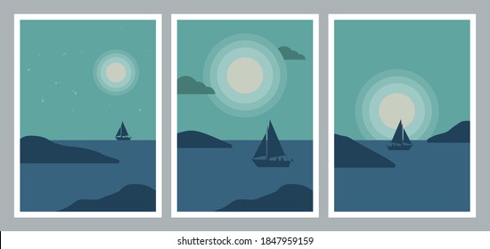 Set of abstract minimalist aesthetic posters backgrounds with sea landscape, couple silhouette, yacht. Trendy vector illustration for wall decoration, postcard or brochure, social media.