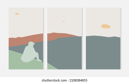 Conjunto de afiches estéticos abstractos minimalistas con montañas y paisaje marino. Ilustración vectorial de moda para la decoración de paredes, postal o folleto, medios sociales.