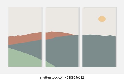 Set of abstract minimalist aesthetic posters backgrounds with mountains and sea landscape. Trendy vector illustration for wall decoration, postcard or brochure, social media.