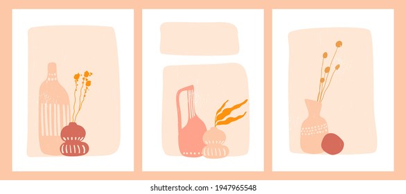 Set of abstract minimalist boho prints for wall decor in mid century style. Modern aesthetic vector illustrations with antique amphoras in arches for postcards, invitations, print, cover, wallpaper. 