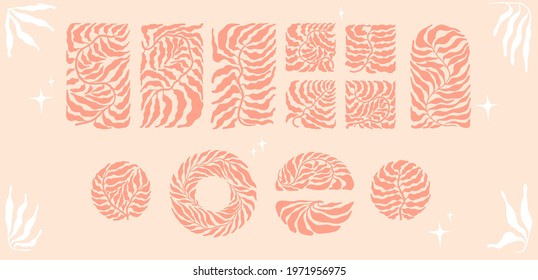 Set with abstract minimalist boho trendy leaves in mid century style. Silhouette of palm leaves in a square, circle, semicircle, rectangle in an earthy palette.