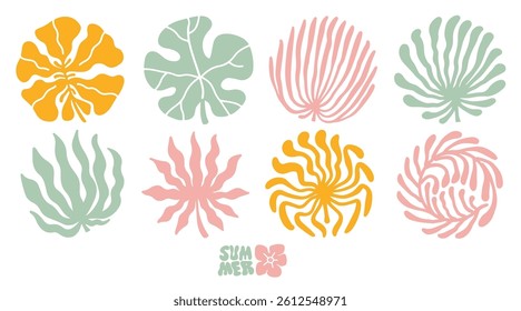 Set with abstract minimalist boho trendy leaves in mid century style. Silhouette of palm leaves in a square, circle, semicircle, rectangle in an earthy palette.