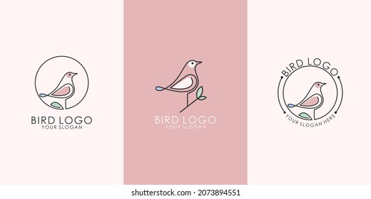 set of abstract Minimalist combine bird and leaf nature with line art style logo template. Premium Vector