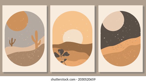 Set of abstract minimalist desert landscape posters. Contemporary simple wall art collection. Flat vector illustration for t shirt print, postcard, cover, invitation, travel agency flyer design etc