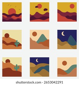  conjunto de paisagens abstratas minimalistas do deserto com montanhas estilizadas luas de sol e cactos em tons terrosos quentes de ouro marrom vermelho e bege com estilo de design moderno plano