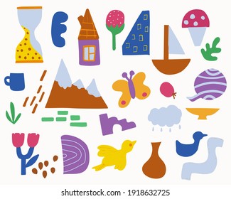 A set of abstract minimalist elements. Simple shapes, nature, house, objects, birds.  Elements for the design are hand drawn. Decorative isolated illustrations for textiles and prints. Vector flat.
