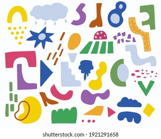 A set of abstract minimalist elements. Simple stylized shapes and objects. Hand-drawn design elements.  Decorative isolated illustrations for textiles and prints. Vector flat.