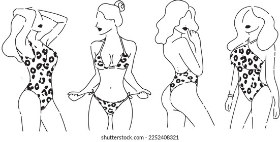 A set of an abstract minimalist female figure in underwear. Vector fashionable illustration of the female body in a fashionable linear style. Elegant art. For posters, tattoos, logos of lingerie store