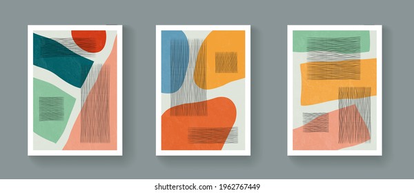 Set of abstract minimalist geometric posters. Mid-Century Modern Contemporary Art Vector Design. Bohemian style illustration with shapes.