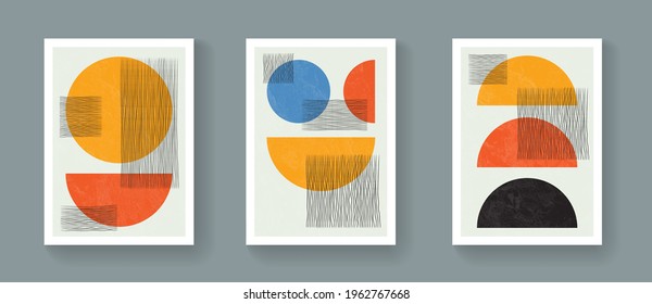 Set of abstract minimalist geometric posters. Mid-Century Modern Contemporary Art Vector Design. Bohemian style illustration with shapes.