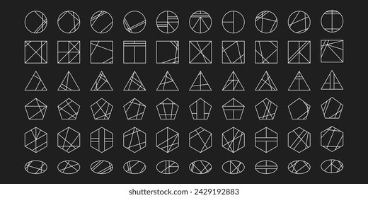Set of abstract minimalist geometric shapes with intersecting lines Circle, square, ellipse, triangle, simple figures. Vector illustration, isolated background, design elements