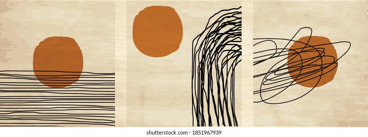 Set of abstract minimalist hand painted mid century retro art, vintage posters, illustrations with lines and shapes for wall art, posters, cards, brochure design.