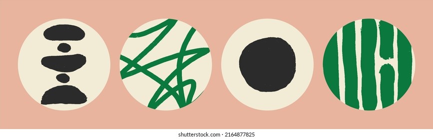 Set, abstract minimalist hand-painted in a circle, postcard or brochure designs. Fashion vector illustration, flat design, cartoon. All elements are isolated.