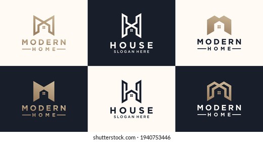 set of abstract minimalist letter M H with home logo design