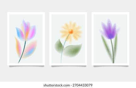 Un conjunto de carteles abstractos y minimalistas con flores borrosas y etéreas. Utiliza Gradientes pastel suaves y un brillo sutil sobre un fondo claro para el arte delicado de la pared.