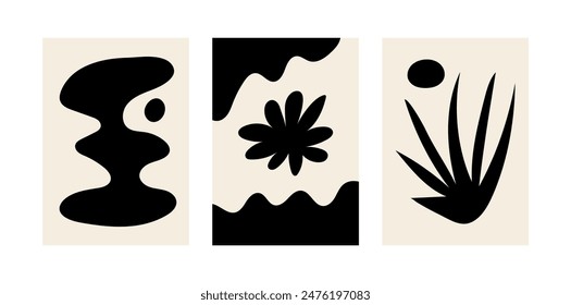 Set of abstract minimalist posters with organic shapes and silhouettes of flower and grass. Bohemian vector modern flat illustration