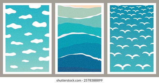 Set of abstract minimalist posters. Vertical nature background with seascape, seagulls and clouds. Design for cards, covers. Vector illustration