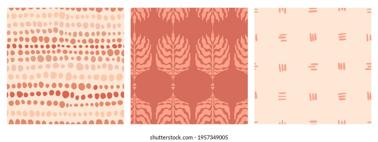 Set of abstract minimalist seamless boho patterns with hand drawn dots and leaves in a mid century style in a natural earthy palette. Modern aesthetic background with trendy design for wallpaper.