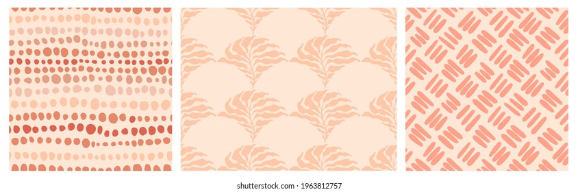 Set of abstract minimalist seamless boho patterns with hand drawn dots and leaves in a mid century style in a natural earthy palette. Modern aesthetic background with trendy design for wallpaper.