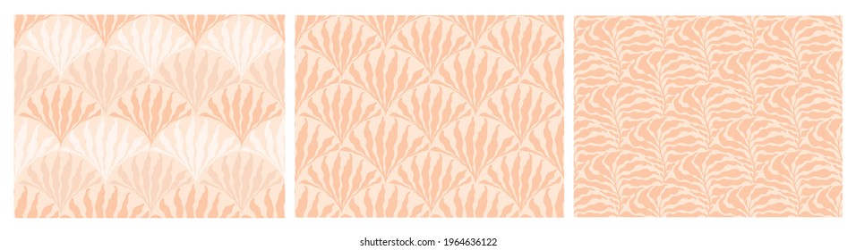 Set of abstract minimalist seamless boho patterns with hand drawn dots and leaves in a mid century style in a natural earthy palette. Modern aesthetic background with trendy design for wallpaper.