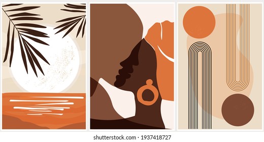 A set of abstract minimalistic art images. Landscape, moon on the sea, Afro couple in love profile, boho rainbows and the sun. For posters, printing, textiles. Vector
