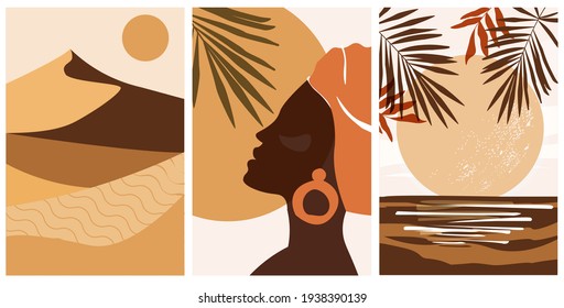 A set of abstract, minimalistic artistic images. Landscape, moon on the sea, desert, mountains, afro woman in profile, boho and sun. For posters, printing, and textiles. Vector illustration.
