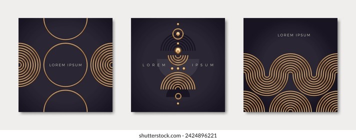 Set of abstract minimalistic background with circles and semicircle shape. Boho and scandinavian style design template with gold metal. Vector design element for card, invitation, poster, header.