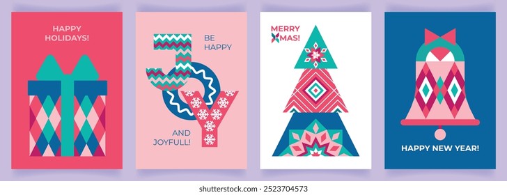 Set of abstract minimalistic Christmas backgrounds with holiday symbols. Christmas card with decorative icons of gift, tree, bell, lettering word joy.