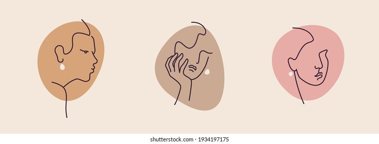 Conjunto de rostros femeninos abstractos minimalistas. Ilustración vectorial de las caras femeninas en un estilo lineal de moda. Arte elegante. Para afiches, tatuajes, logos. 