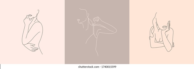 Ensemble de chiffres minimalistes abstraits féminins en sous-vêtements. Illustration de mode vectorielle du corps féminin dans un style linéaire branché. Art élégant. Pour les affiches, tatouages, logos de sous-vêtements