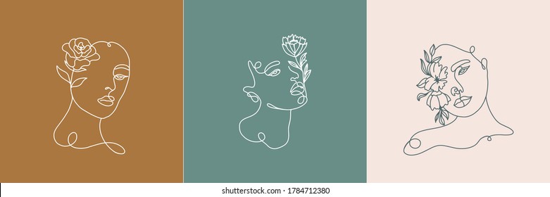 Set of Abstract minimalistic female portrait. Vector fashion illustration in a trendy linear style. Elegant art. For posters, tattoos, logos 